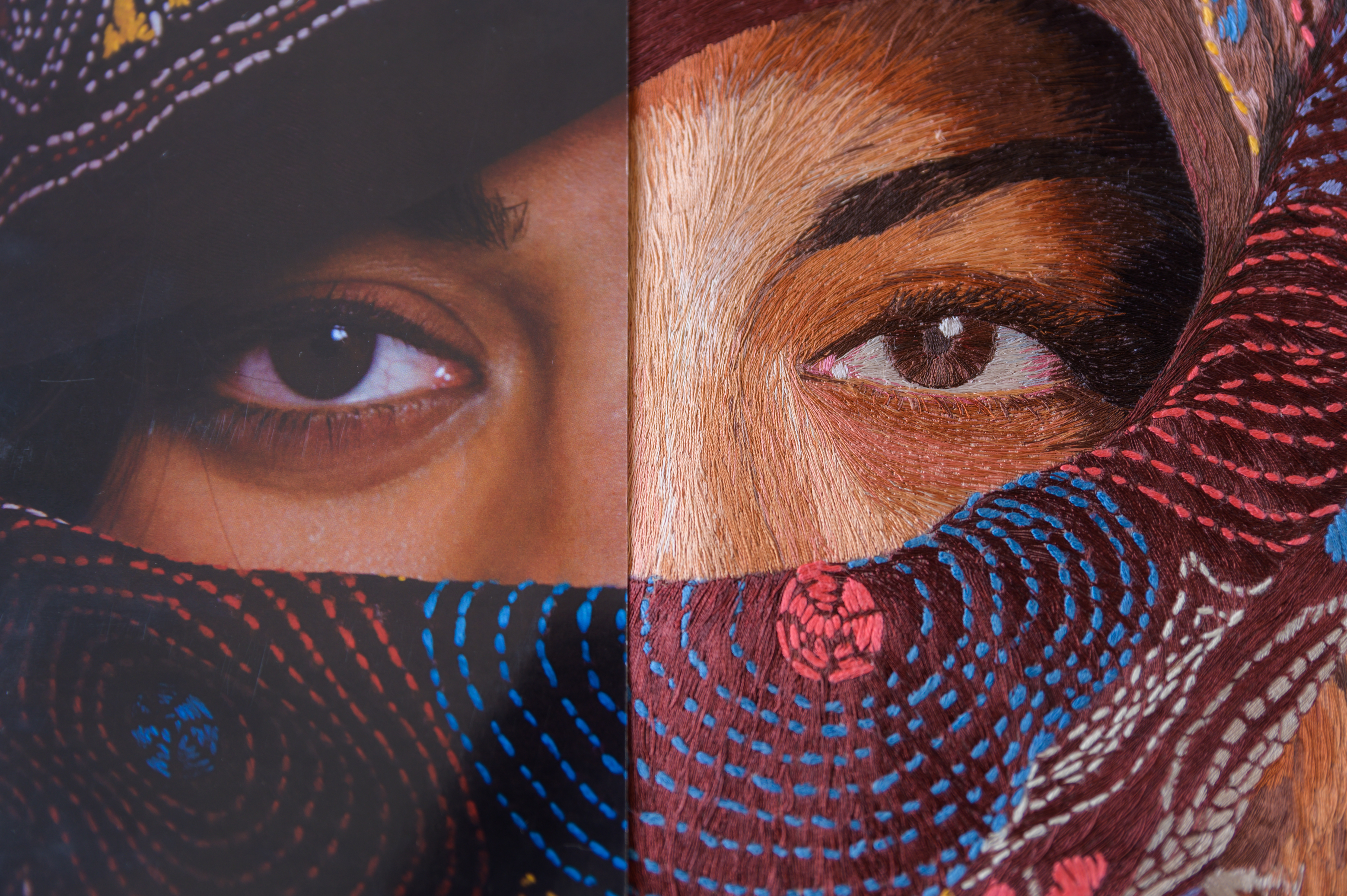 Depiction of a young woman adorning a traditional headscarf. The play of shadows on fabric folds and the face while bringing out the evocative expression in her gaze
Interesting study using primarily a palette of browns broken by touches of primaries like blue, yellow and orange.